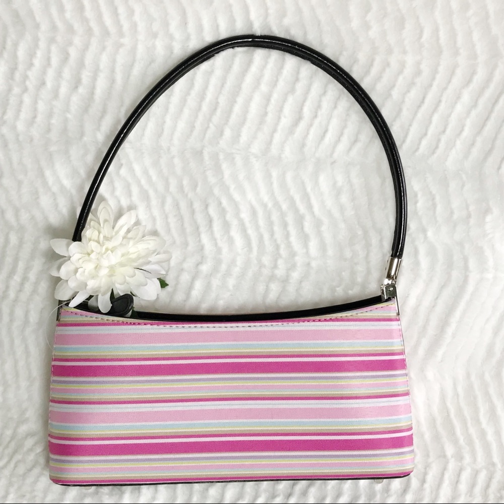 Pink Striped Frame Bag With Black Accents NEW!